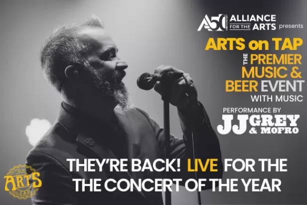 black and white image of jj grey singing with yellow and white words for the event information
