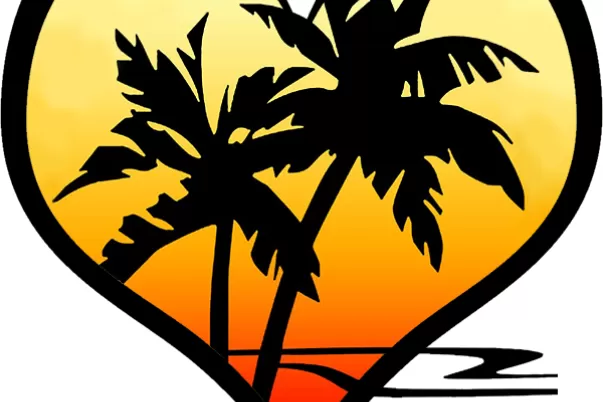 A yellow and orange heart with black palm trees in the center